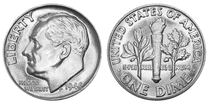 1948 Roosevelt silver dime obverse and reverse showing Roosevelt portrait and torch design