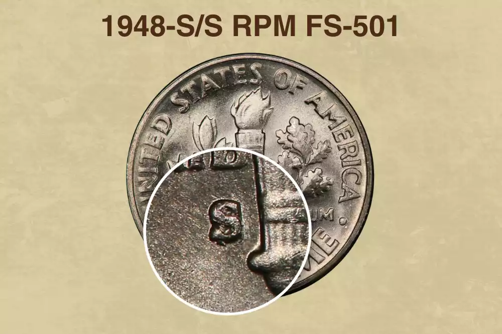Side by side comparison of normal 1948-S dime mint mark vs 1948-S/S RPM FS-501 variety showing secondary S impression to the southeast under magnification