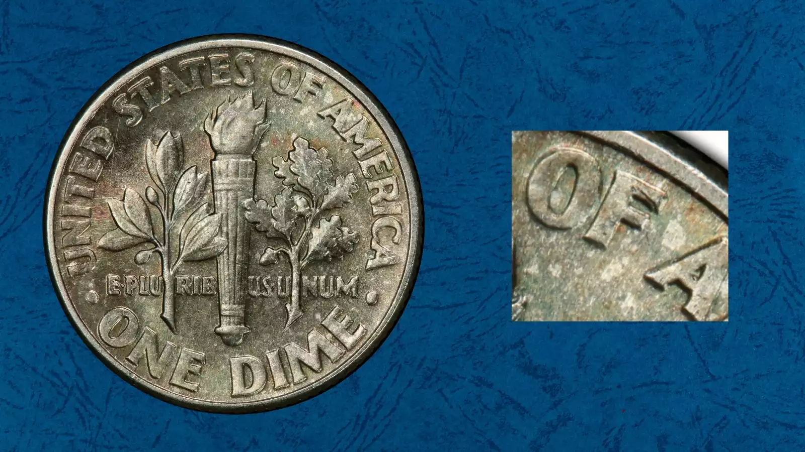 1948 dime doubled die reverse FS-801 showing doubling on UNITED STATES OF AMERICA inscription
