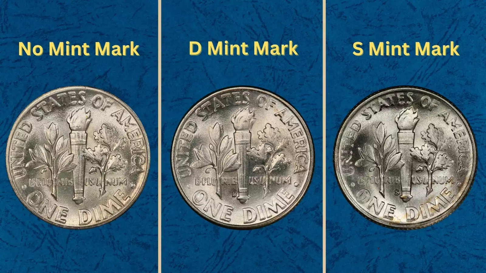 Group of 1948 Roosevelt dimes from Philadelphia, Denver, and San Francisco mints showing all three mint mark varieties