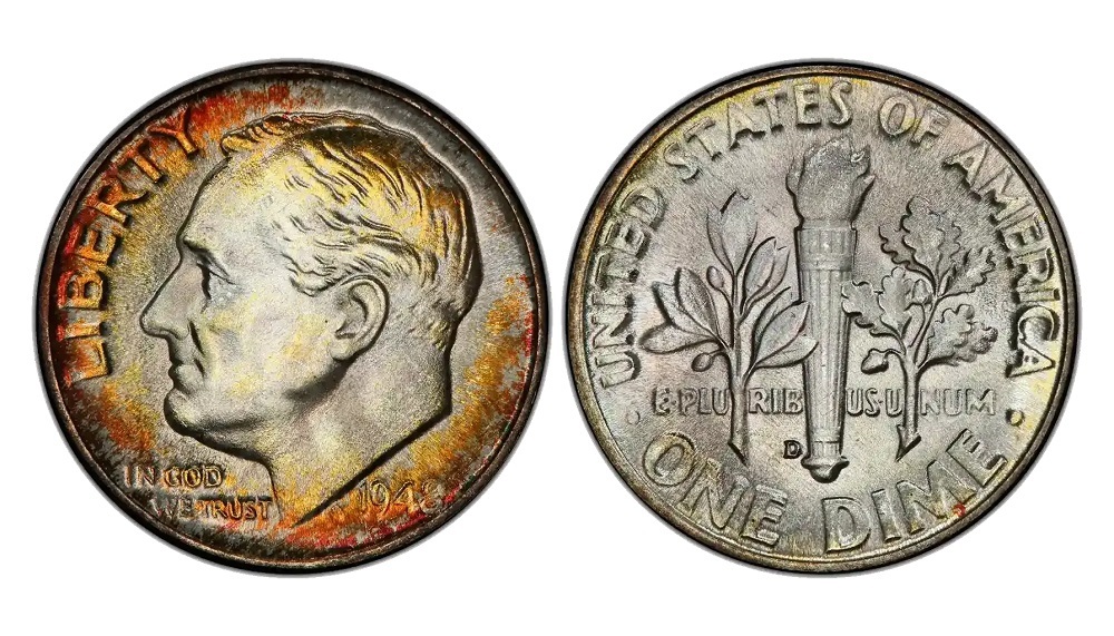 1948 Roosevelt dime grading strip showing four condition tiers from worn Good through gem Mint State MS65